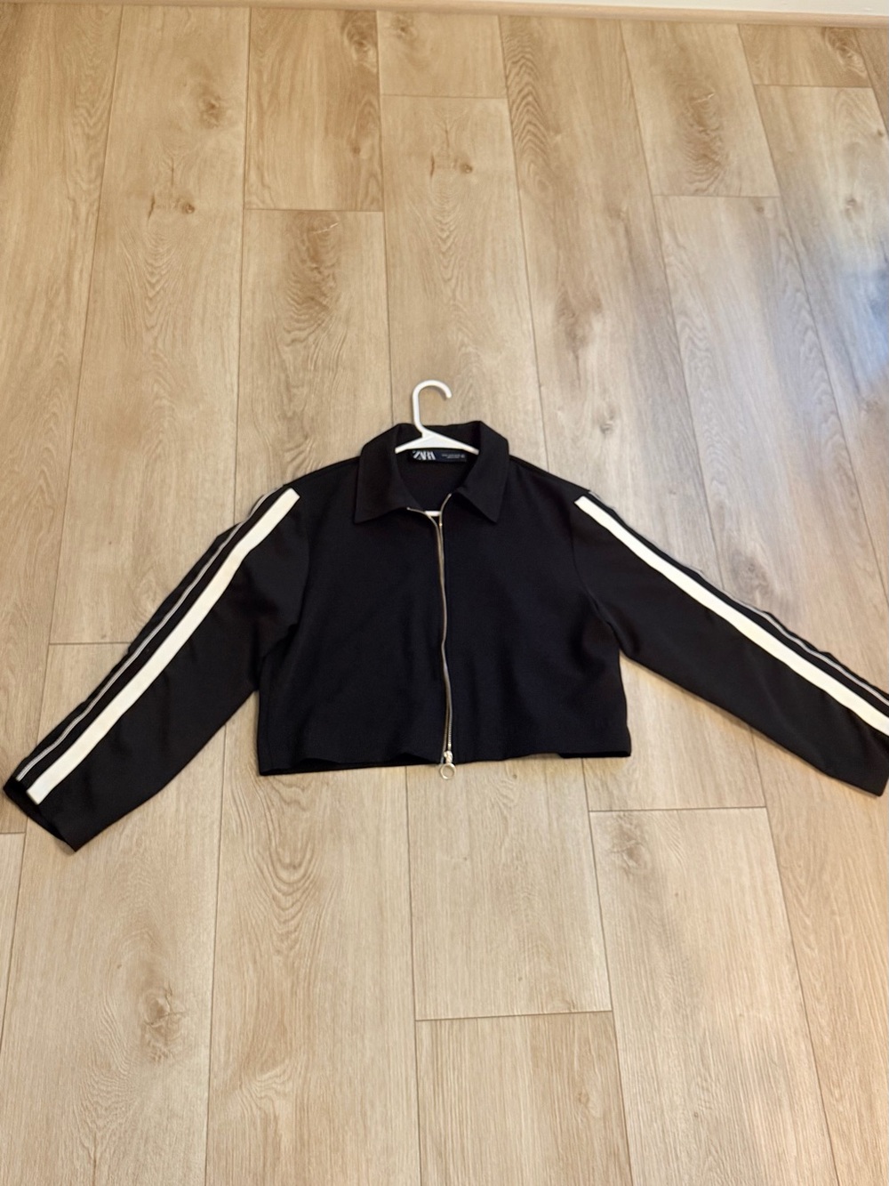 Zara Black Cropped Bomber Jacket with White Sleeve Stripes